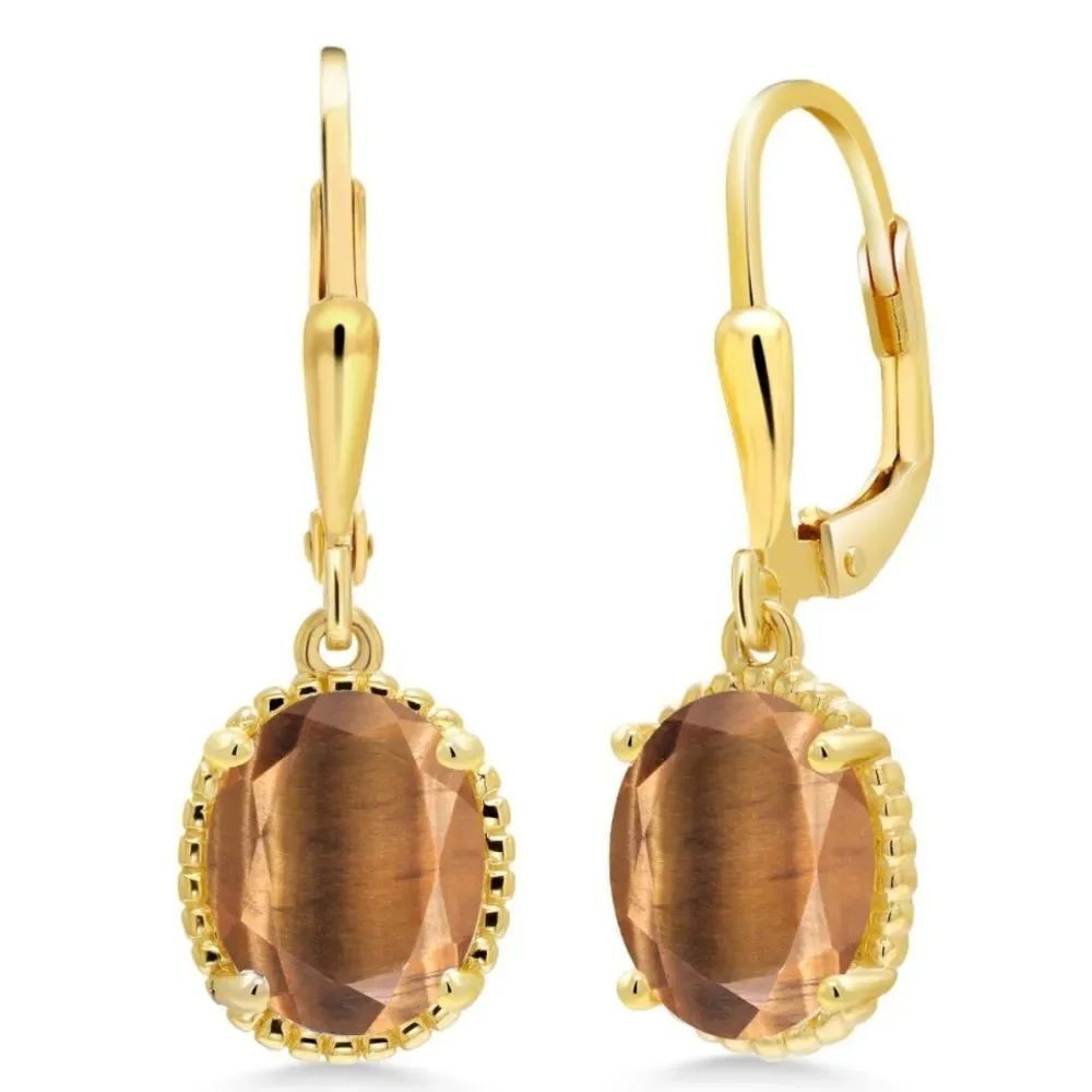 18K Yellow Gold 925 with 3.00 Cttw Brown Tiger Eye Oval Leverback Hook Earrings